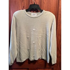 VTG Amana Woolen Mill Sage Green Floral Embroidered Sweater USA Made Large